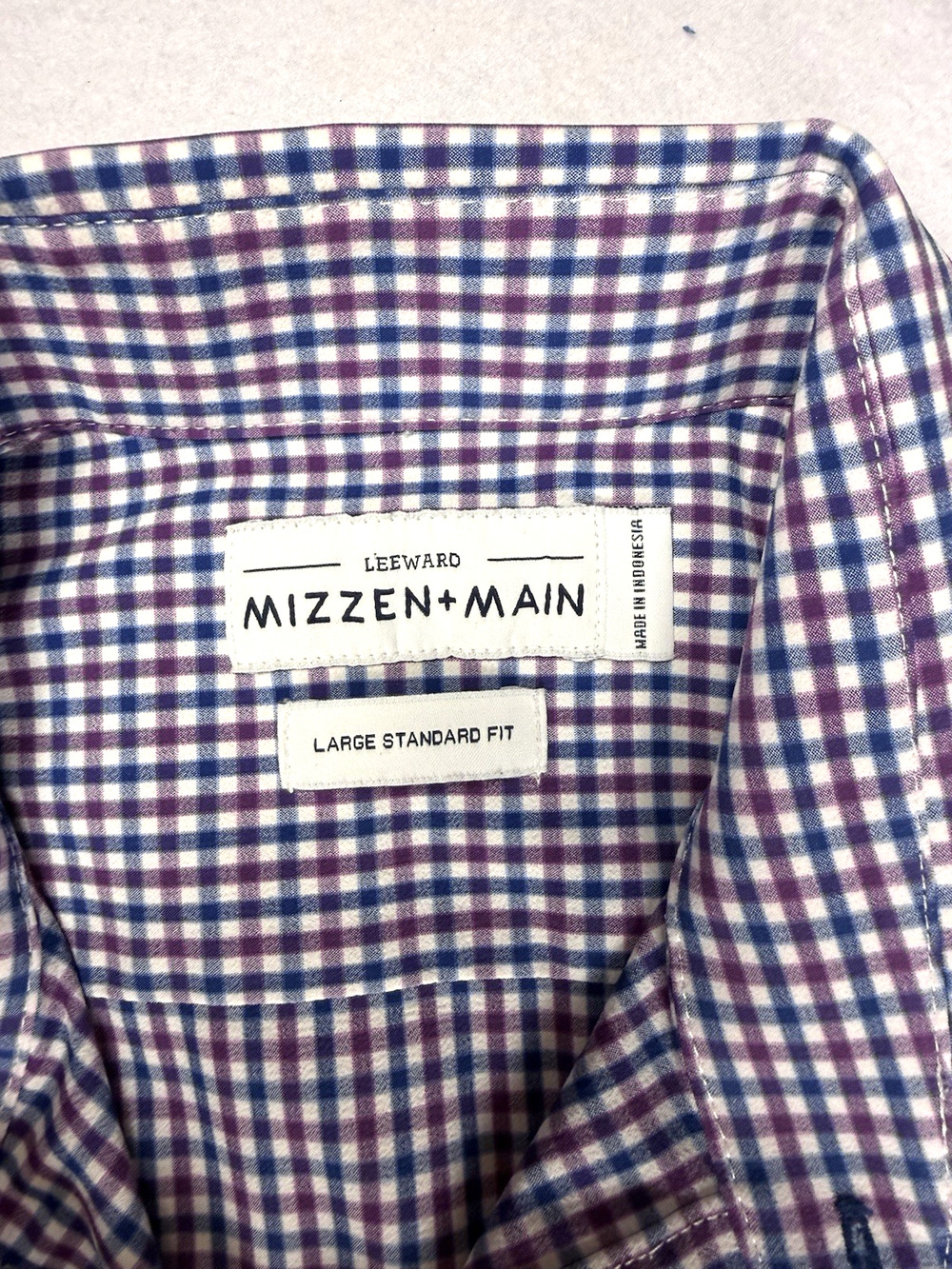 Mizzen + Main Leeward Performance Dress Shirt Men's Large Gingham Blue Purple